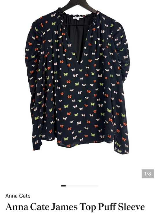 Tops - Butterfly Print Puff Sleeve Blouse - Black with Green, Red & White Butterflies